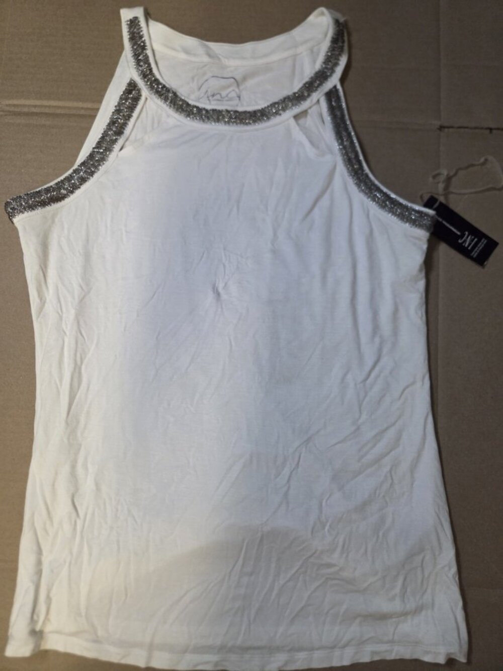 Nwt INC Women's White Sparkle-Banded Cut-Out Halter Tank Top Size XL